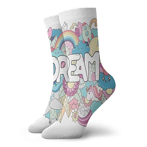 Fashion Compression Socks,Colorful Cartoon Style Childish Elements Dream Lettering Doodle Illustration,Performance Polyester Cushioned Athletic Crew Socks for Running,Athletic, -12 inch
