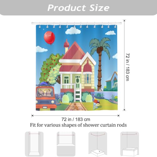Image of Blue Them Balloon Cartoon House 72x72 Decorative Shower Curtain With Hooks | Bluey Backdrop With Cartoon House Red Balloon Print, Polyester Shower Curtain, With Hooks For Bathroom Decoration