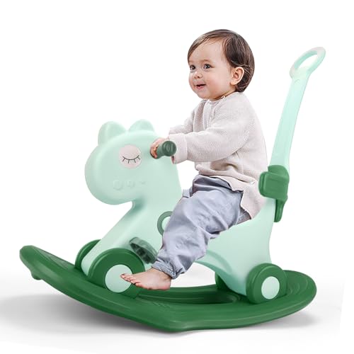 Image of 4 in 1 Rocking Horse for Toddlers 1-3 Years Old, Baby Rocking Toy Fun Birthday Gift for 1+ Kids, Ride on Toy with Detachable Balance Board and Footrest，Balance Bike with Push Handle(Green)