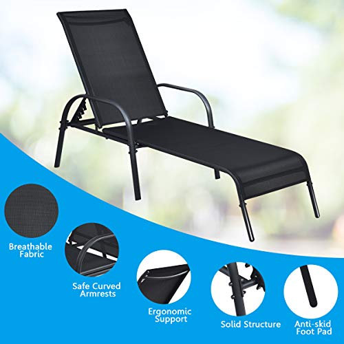 Giantex 2 Pcs Outdoor Chaise Lounge Chair, Adjustable Reclining Lounge Chairs Patio Furniture, Backyard Lawn Sling Chaise W/Adjustable Back, Folding Recliners For Beach Yard Pool (Black) #TOP5