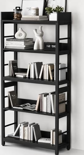 Image of 5-Tier Kitchen Organizer Rack Shelf | Heavy Duty Metal & Wooden| Industrial Bookcase | Kitchen Storage Office & Living Room | Black | 80x30x166 cm