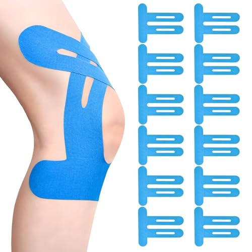 MOTIBACK Cinta de kinesiología para rodilla, 12 unidades, precortada, cinta de kinesiología y cinta para la rodilla, para deporte, impermeable y respetuosa con la piel, cinta de fisio de apoyo (azul)