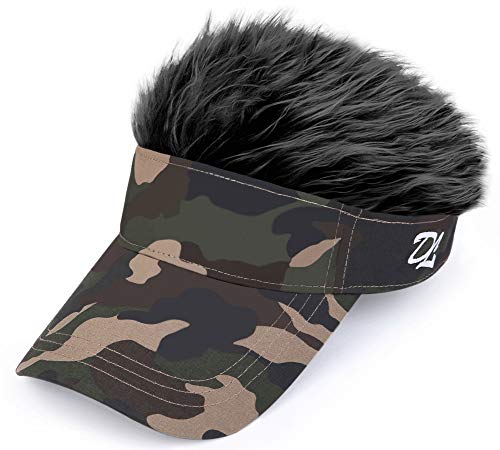 【 フサフサ 髪の毛 フレア バイザー 】(DOLCE LUCCI) フレアー ウィッグ 付 ヘアー ハゲ かつら サンバイザー ゴルフ 釣り アウトドア ジョークグッズ (迷彩グリーン(ロゴ)×ブラック)