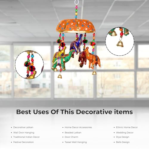 Image of Rajasthani Multicolor Elephants Jhoomer with Bell - Decorative Wind Chimes for Door & Wall Hanging, Ideal Home Decor & Gift Showpiece (Orange)