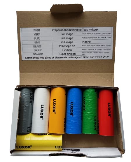 KD89 Assortiment de 7 pâtes à polir Solides Luxor pour Tous métaux férreux, Non férreux, métaux précieux, laques résines et Plastiques - Ø30x80mm