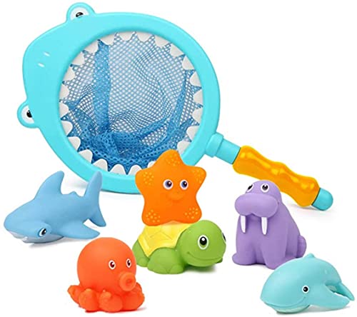 Mumoo Bear 7Pcs Baby Bath Toys Scoop Net Fish Pool Toys With Spray Sounds Color Changing Toddler Bathtub Toys