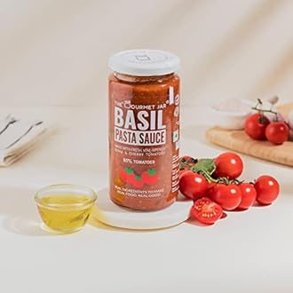 The Gourmet Jar Basil Pasta Sauce 390g| 100% Natural, No Preservatives, No Artificial Colors, No Artificial Flavouring agents| Vegan| Gluten Free| Made with Hydroponic Basil Leaves & Fresh Vine- Ripened Roma and Cherry Tomatoes| Enjoy it with all types of pasta | Pack of 2