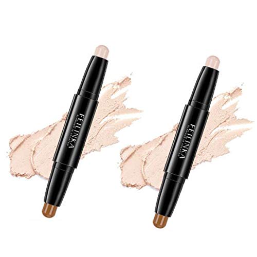Magik 2 Pack 2 In 1 Highlight Contour Duo Shadow Bronzer Makeup Cream Face Eye Chin Chic Pen (Classic#01 Pearl White+Brown) #TOP26