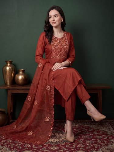 Image of INDO ERA Women's Silk Blend Floral Embroidered Thread Work Straight Kurta & Pant with Dupatta Set | Kurti Set