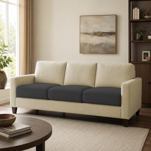 Image of Casaliving Gladino Modern Velvet Fabric Sofa, Tufted Design Upholstered 3 Seater Sofa Set for Living Room, Premium Velvet Fabric Sofa (Cream Black)