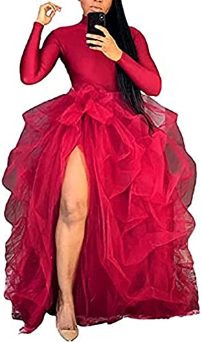 Women Tulle Tutu Long Maxi Skirt High Waist Floor Length Layered A-Line Puffy Skirts For Wedding Night Out Party (Purple Red, One Size) #TOP1