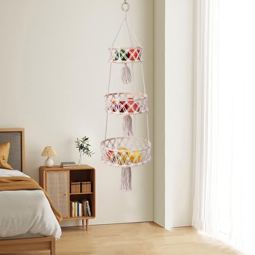 Miniatura 7 de Jilskl Cesta Colgante, Cesta De Frutas Colgante, Cesta De Frutas Hecha A Mano, Cesta De Frutas Colgante De 3 Niveles, Cesta De Pared Bohemia, Adecuado Para Cocina, Salón, Cuarto De Baño