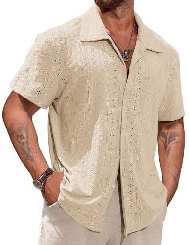 Remxi Herren Kurzarm Hemden Button Down Hawaiihemd Sommer Strand Hemd kubanischem Kragen Vintage T Shirts lässiges Urlaubs-Top mit Cut-Outs