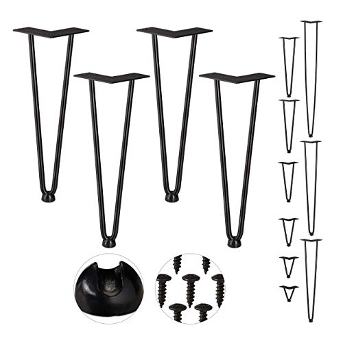 Relaxdays Gambe, Set da 4, 2 Aste, Metallo, Piedi Mobili a Forcella per Sgabello Tavolo Armadio H: 36 cm, Nero, Acciaio, Gomma, pz