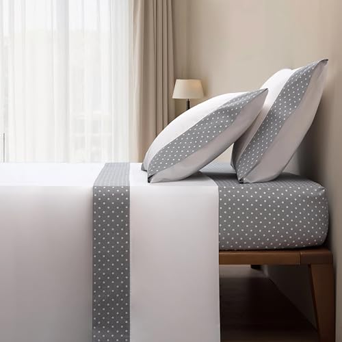 Casa da Laura - Juego de Sábanas 100% Algodón 180 Hilos Gris con Lunares – 709-180 Hilos - 100% Algodón - Cama 150/160 2 Almohadas 50 x 80 cm - Fabricado Portugal