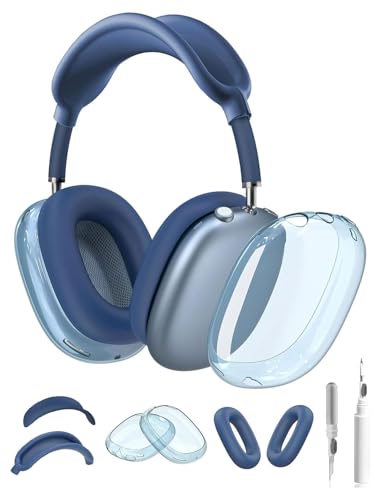 5 in 1 for AirPod Max Case, HYZYey Clear TPU Protective Ear Pad Covers/Ear Cups Cover/Headband Cover/Headband Pad, Cleaning Kit Accessories Compatible for Apple AirPods Max Headphones (Blue)