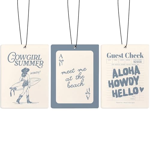 Image of Retro Blue Coastal Cowgirl Car Air Freshener, Preppy Blue Coastal Summer Beach Air Freshener Hanging 3 Pcs for Cars Closet Drawer or Books, Girly Western Car Accessories Mirror Decor for Women