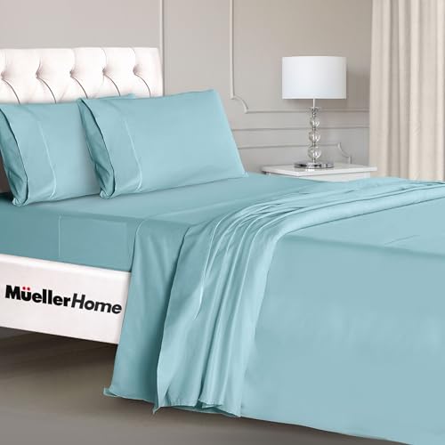 Mueller Luxury 4 Piece Twin XL Sheet Sets - Ultra-Soft 1800 Series, Cooling & Breathable Twin XL Bed Sheets, Hotel Quality Bedding, Deep Pocket up to 16" - Hypoallergenic, Wrinkle-Resistant, Aqua