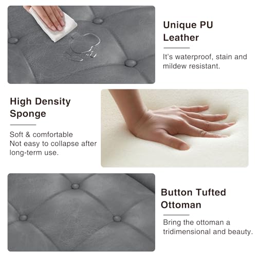 Vabches 30 Inch Round Storage Ottoman,Modern Button Tufted Coffee Table with Lift Top, Large Round Leather Ottoman Upholstered Footrest Stool Toy Blanket Storage for Living Room, Gray