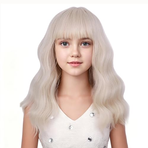 Image of kids White Blonde Wig Girls Short Light Blonde Wavy Curly Wigs Child Wig with Air Bangs Synthetic Cosplay Hair Wigs