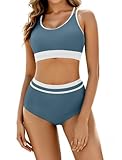 Arolina Plus Size Bathing Suit for Women Cheeky Two Piece Swimsuit Color Block High Waisted Bikini Set for Curvy Women Grey Blue XXL