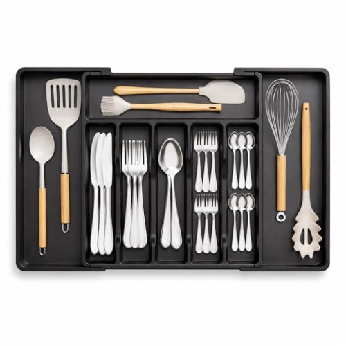 KitchAntique Expandable Cutlery Organizer for Kitchen Drawer | Adjustable Utensil, Spoon, Fork, Spatula, Knife Storage Plastic Divider Tray 8 Compartments | BPA Free - Black