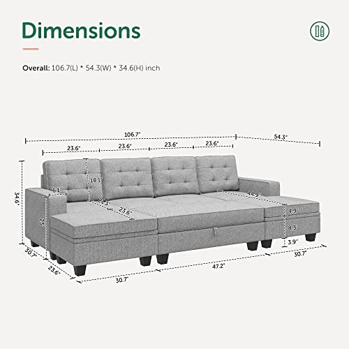 Honbay U Shaped Sectional Sofa With Storage Chaises Set 4 Seat Sleeper Couch With Ottomns Sectional Sofa Bed For Living Room, Light Grey #TOP1