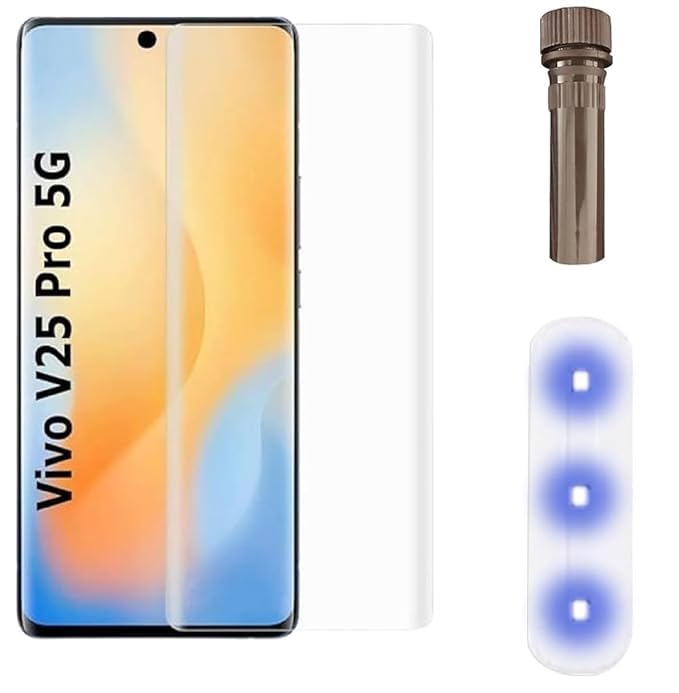 Image of Premium Tempered Glass Design for Vivo V25 pro (3D Curved UV) Advanced Border Less Full Edge to Edge 3D Curved UV Screen Protector and Easy Installation Kit (Pack of 1) asy Installation Kit