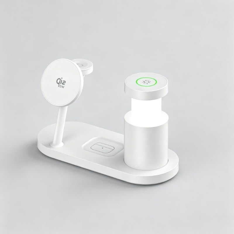 Qi2 25W 4-in-1 Fast Charging Stand with Night Light for Samsung and Apple Device 17e/17/16/15/14/13/12/Air Series, Apple Watch &AirPods (White)