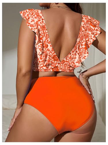 Women's Plus Size 2 Piece Swimsuits Floral Print Ruffle Bikini Tops and High Waisted Bottoms2