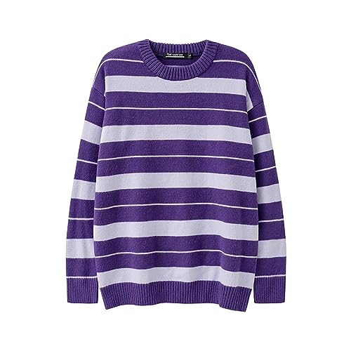 HANGJIA Men Sweaters y2k Purple and White Striped Long Sleeve Crewneck Aesthetic Pullovers Oversized Knitted Jumpers Unisex