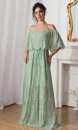 Image of HOYISHION Women's Off The Shoulder Floral Lace Maxi Dress White Bridesmaid Wedding Party Maternity Photoshoot Long Dresses