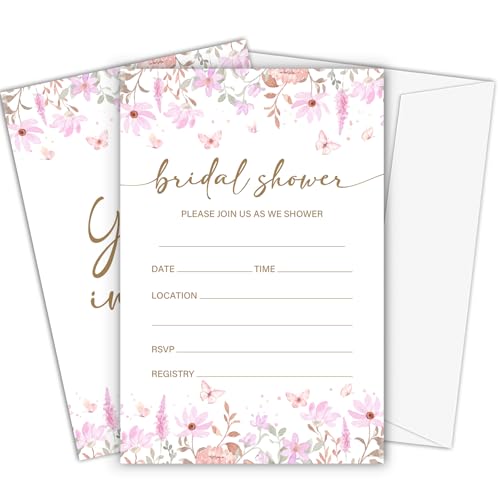 Fbitey Pink Floral Bridal Shower Invitations, Spring Butterflies Invites with Envelopes, 4x6 Invite Card for Wedding Shower, Newlyweds, Party Favor & Decorations-A02