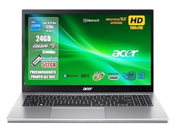 Acer Aspire 3 PC Notebook Portatile Processore Intel Core i5-1235U, RAM 24GB DDR4, 512GB PCIe NVMe SSD, 15.6" HD LED LCD, Intel Iris Xe, W11 Pro, Garanzia 2 anni