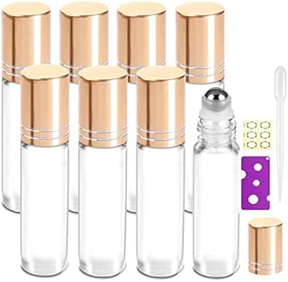 Yalbdopo 8Pcs, 10ml Essential Oil Roller Bottles Refillable Transparent Glass Roll on Bottles Clear Roll Bottles with Stainless Steel Roller Balls & Gold Cap, Include 12 Labels, Dropper & Opener