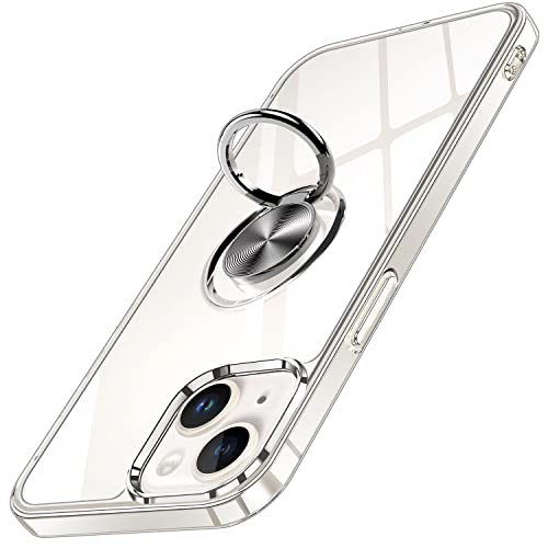iPhone 14 用 ケース クリア リング付き アイホン 14 カバー 透明 おしゃれ OURJOY スマホケース メッキ加工 ソフトケース 耐衝撃 軽量 薄型 ストラップホール付き スタンド機能 車載ホルダー対応 携帯ケース • クリア