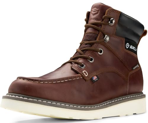 SUREWAY Men 6 Inch Waterproof Soft Toe Work Boots - Moc Toe,Construction Industrial Safety Leather Work Shoes,Oil/Slip Resistant Comfortable Wedge Outsole,EH Rated, Welt,Lace Up,Heavy Duty