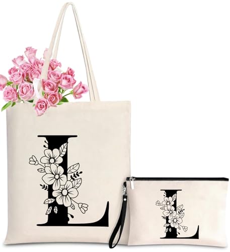 Initial Canvas Tote Bag for Women, Personalized Monogrammed Tote Bags with Makeup Gift Bag for Wedding Bridesmaids Birthday