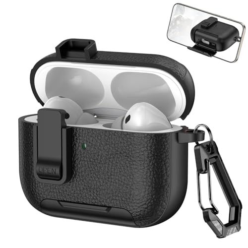 Image of Rugged Case Cover for Apple Airpods Pro 3 (2025), TPU + PC with Leather Texture, Clip Lock Design, Includes Phone Stand, Carabiner, Black (Black, Leather with Stand)