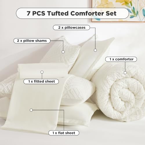Image of Andency Queen Comforter Set 7 Piece Ivory - Bed in a Bag Queen Boho Lightweight Fluffy Tufted Bedding Sets with Comforter, Sheets, Pillowcases & Shams