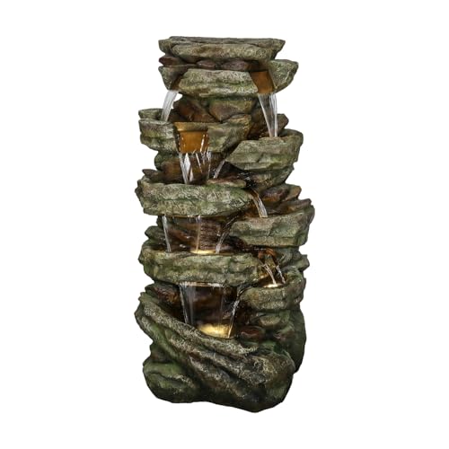 Image of SunJet 59 inch High Multi-Tiers Cascading Rock Outdoor Water Fountain with LED Lights - Large Outdoor Fountains and Waterfalls for Garden or Patio, Yard, and Deck Decor, Featuring Natural Stone Look
