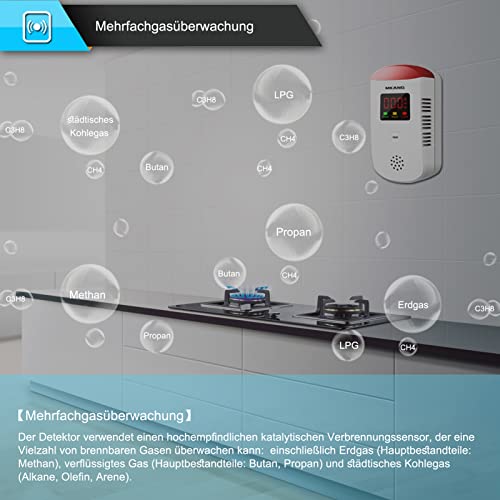 Gasmelder-MKANG, Haushalts Erdgas Flüssiggas Stadtgas Alarme, Brennbaren Methan Propan Butan Gas Lecksucher,deutsche Sprachansage, Warnung vor rotem Blitzlicht, Gaskonzentration der Digitalanzeige