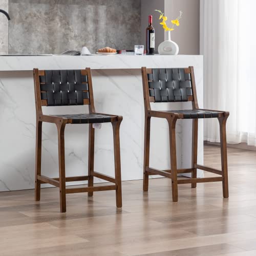 Janoray Counter Stools Set of 2 Modern 23.5" Counter Height Barstool with PU Leather Woven Strap Seat & Open Back Walnut Wood Color Chairs with Footrest for Home Bar/Dining Room/Kitchen Island, Black