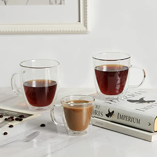 CNGLASS Large Glass Coffee Mugs 12oz,Double Walled Insulated Cappuccino Mug with Handle,Set of 4