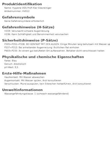 Hygiene VOS Profi Klar Glasreiniger 10 Liter für verglaste Flächen, Spiegel, Kacheln. Anwendungsfertig für streifenfreie Reinigung fensterreiniger, Spiegel und Kacheln
