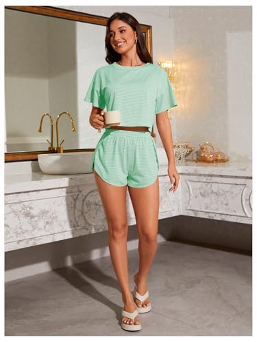 Image of OYOANGLE 2 Pack Pajama for Woman Set Summer Cute PJ Sets Striped Short Sleeve Tshirt and Split Shorts Lounge Set