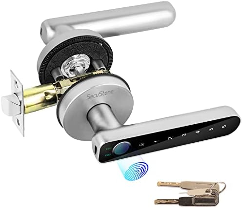 [Newest Upgrade]Secustone Fingerprint Door Lock, Keyless Entry Door Lock with Handle, Smart Door Lock with Passcode, Fingerprint, and Keys, Door Lock Fingerprint for Bedroom, Apartment, Office, Silver