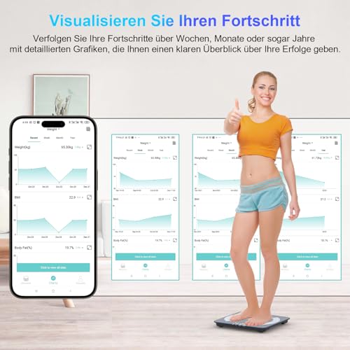 Körperfettwaage, Bluetooth Personenwaage mit App, Smart Digitale Waage für Körperfett, BMI, Gewicht, Muskelmasse, Wasser, Protein, Skelettmuskel, Knochengewicht, BMR, Schwarz 4