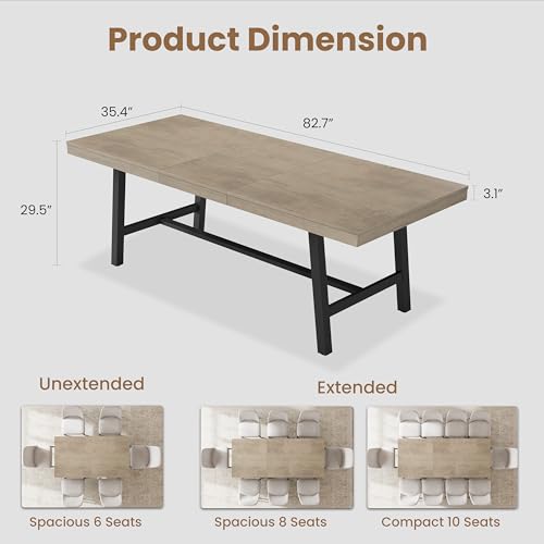 Image of GarveeHome 63-83 inch Extendable Dining Table, Industrial Rectangular Dining Room Table for 6-8 People, Expandable Kitchen Table with Heavy Duty Metal Frame for Dining Room, Kitchen & Parties, Grey