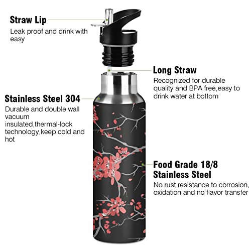 Qilmy Water Bottle With Straw Lid Leakproof Vacuum Insulated Stainless Steel Cherry Blossom Sakura Flower Floral Sport Water Bottles 20 Oz #TOP2
